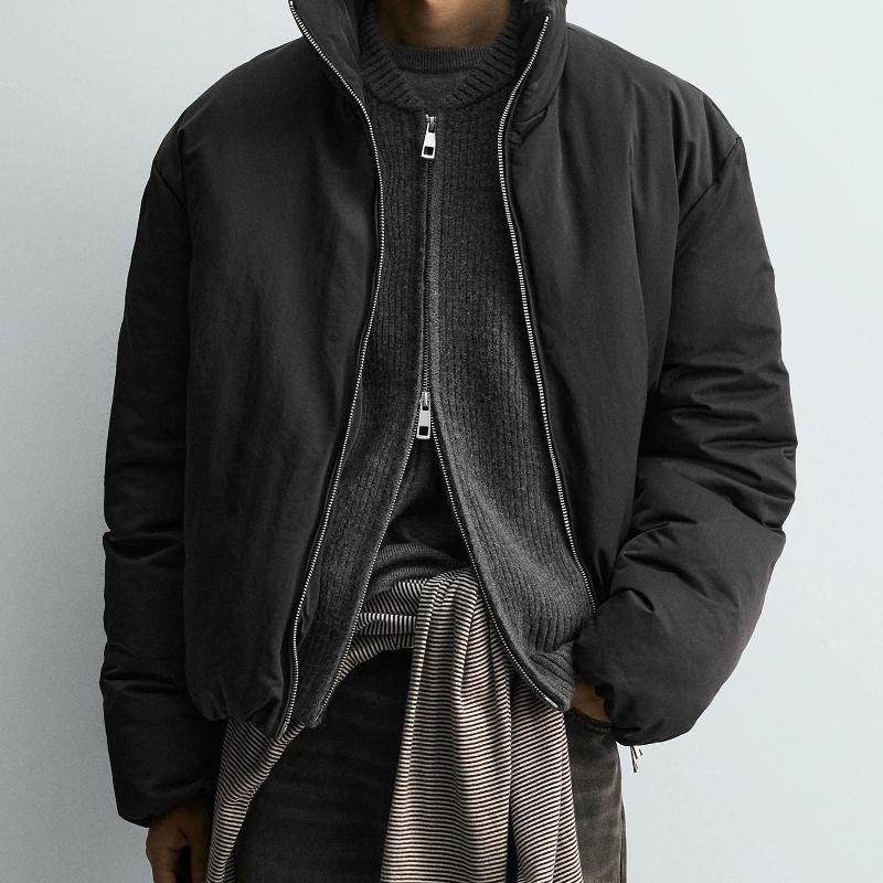 Designer Men's Winter Warm Nylon Padded Jacket Loose Stand Collar Zip Up Long Sleeve Thick Outerwear Casual Solid Color Coat