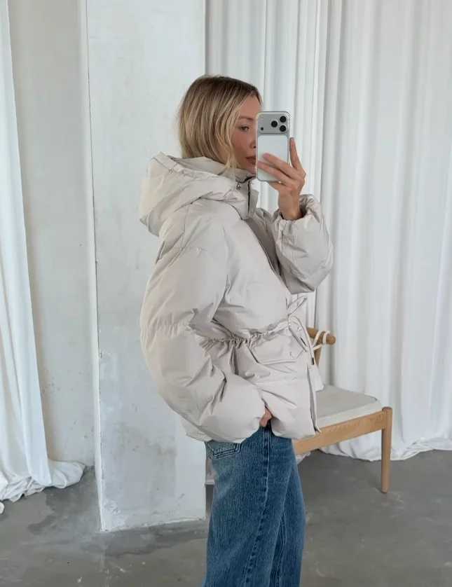 Women Parkas Women's Down Hooded Drawstring Waist Puffer Coat Detachable Hood Zip Up Pocket Loose Padded Jacket New Winter Casual Cotton Coats
