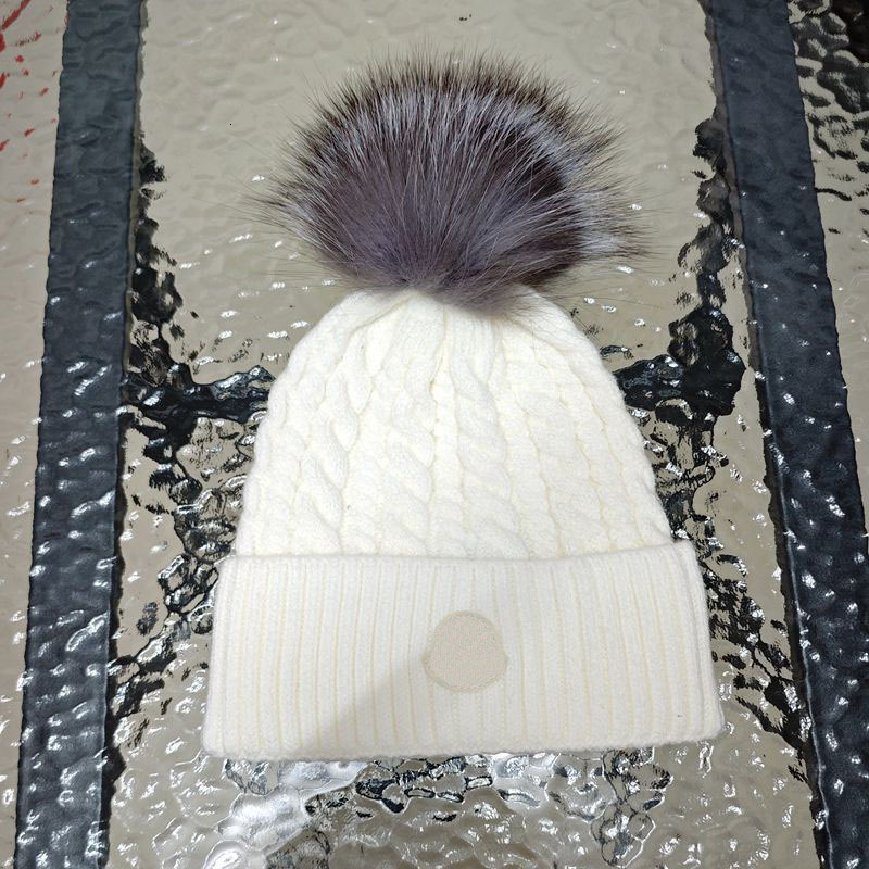 Cross-Border M Brand Silver Fox Designer Hat Fur Ball Twist Autumn Winter Warm Cuffed Knitted Hat for Women