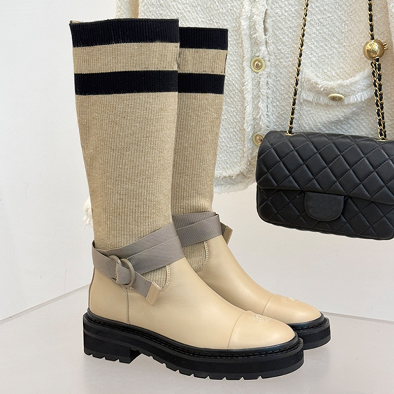 Top Diseñador de lujo para mujer Botas de calcetín de suela fina Empalme de albaricoque suave Tela de punto Botas altas Botas altas a juego para muj