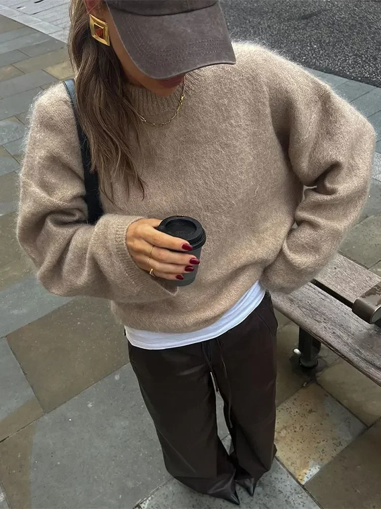 Elegant Solid Mohair Soft Knitted Pullover Women Casual O-neck Long Sleeve Loose Sweater Autumn Warm Lady High Street Knitwear 261008