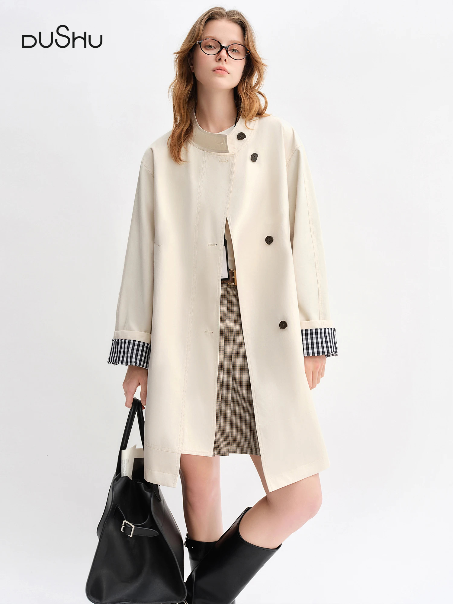 DUSHU Autumn 2025 Women's Stand Collar Trench Coat Relaxed Fit Plaid Patchwork Loose Outerwear Casual Windbreaker Top 260929