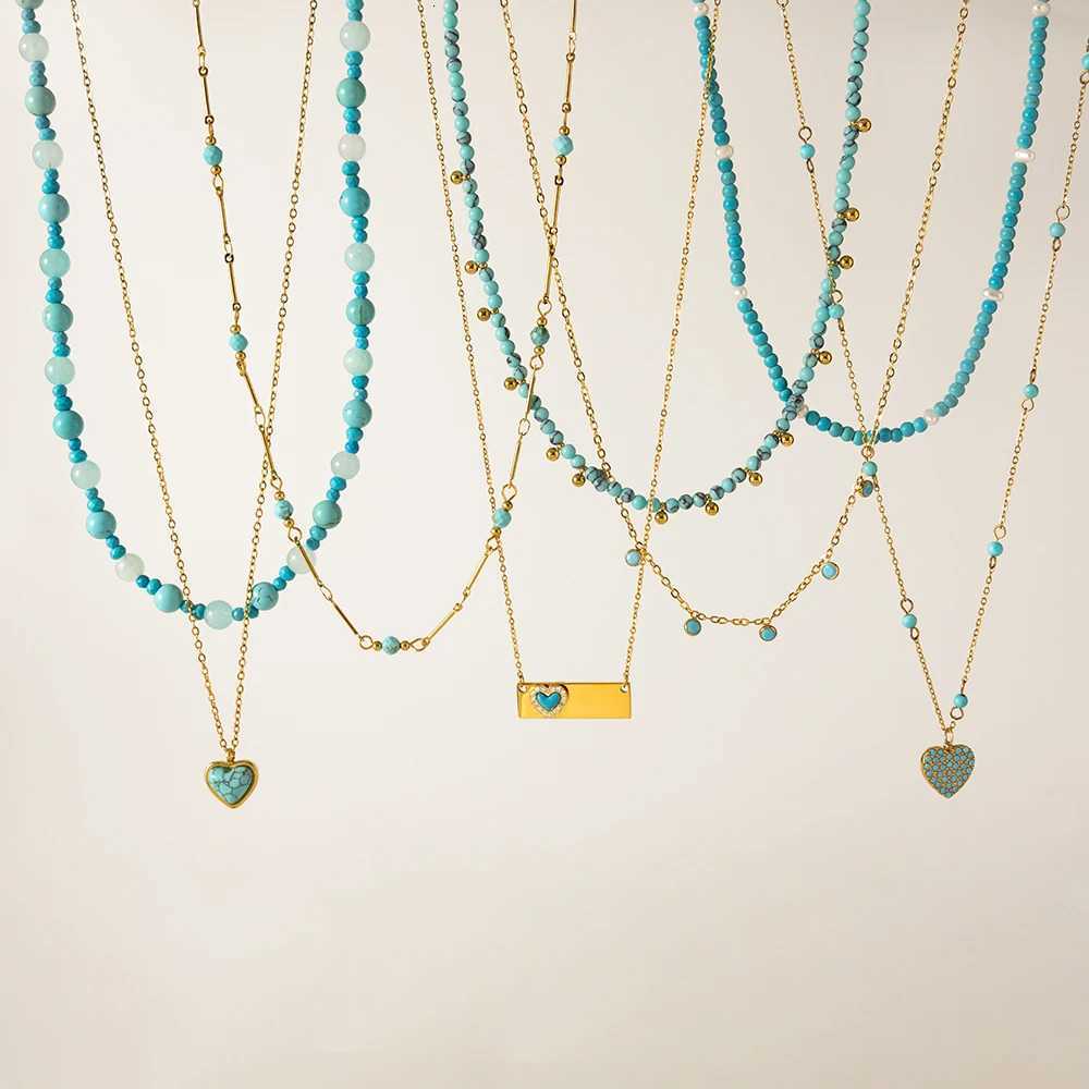 Pendant Necklaces Zora Y2K Trendy Heart-Shape Pendant Blue Turquoise Bead Necklace Waterproof 18K Gold Color Plated Stainless Steel Jewelry Party X2