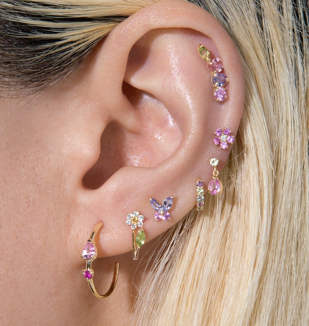 Geometric yellow and pink Moissanite, gold-plated, vermilion-colored, 925 sterling silver, cute small earrings