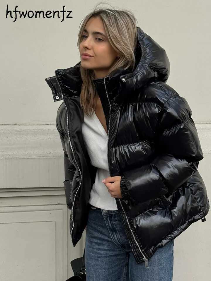 Parkas Women's Casual Down Women's Glossy Hooded Cotton Coats Puffy Stand Collar Zipper Long Sleeve Warm Jackets 2026 Winter Lady Down Jac