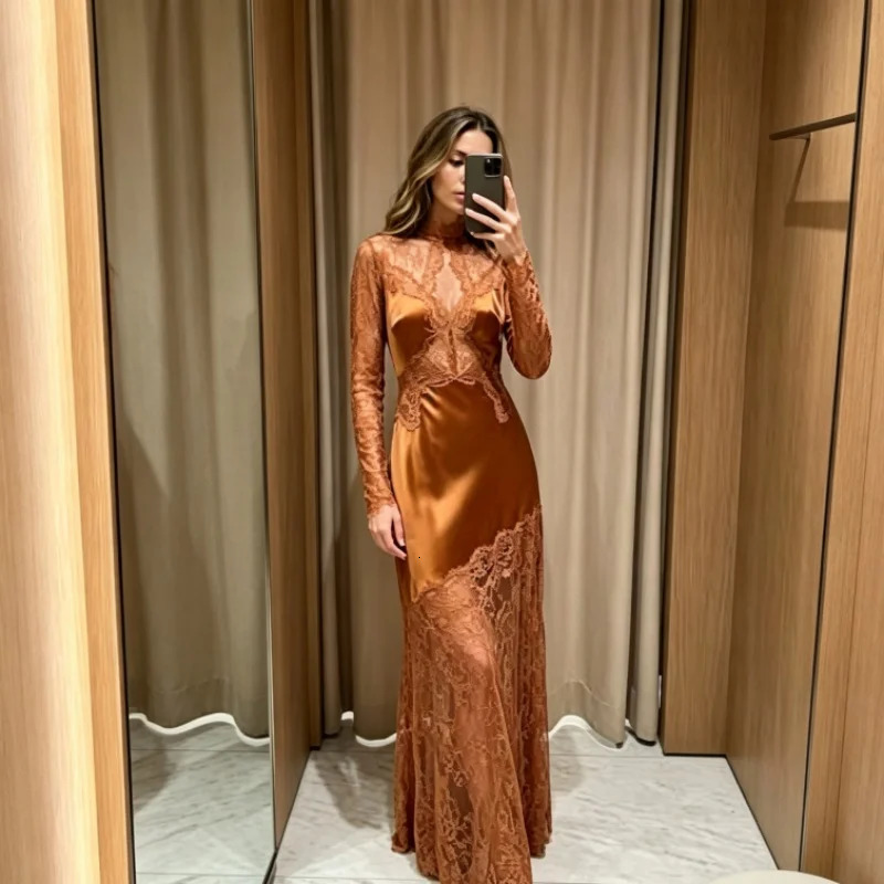 Lace Mock Neck Maxi Dress Women Sheer Lace Overlay Satin Lining Long Sleeve Mermaid Hem Vestidos Elegant Formal Ladies Gown 261008