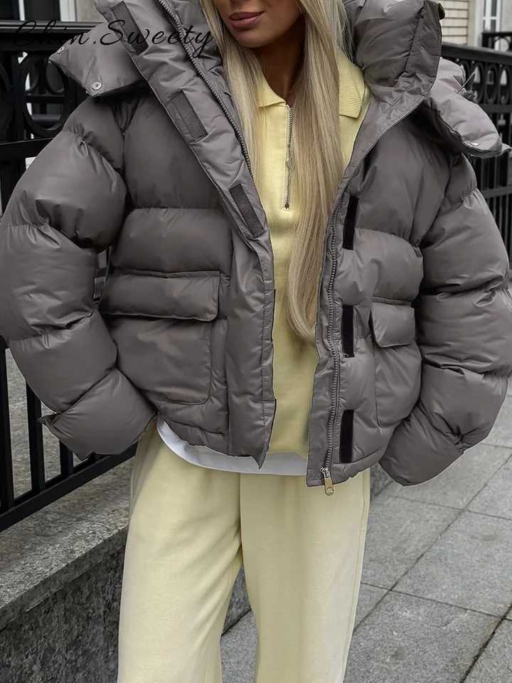 Parkas Women's Fashion Down Women's Hooded Cotton Padded Coat Loose Long Sleeve Pockets Zipper Puffy Coats 2026 Winter Lady Casual Warm Ja
