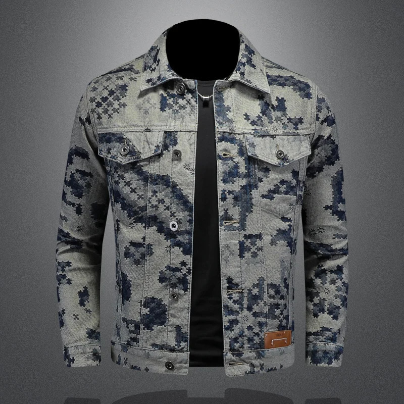 Retro Denim Jacket for Men 2025 Spring Fashion Jacquard Casual Jackets Social Hiphop Streetwear Cowboy Coats 260929