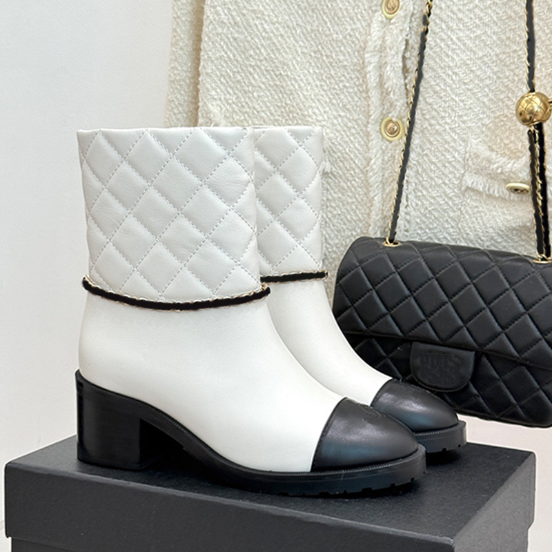 Designer Womens Classic Chain Thick Heel Short Boots Luxury White Diamond Grid Splicing Smooth Calf Leather Short Boots Womans Daily Commuting Wear
