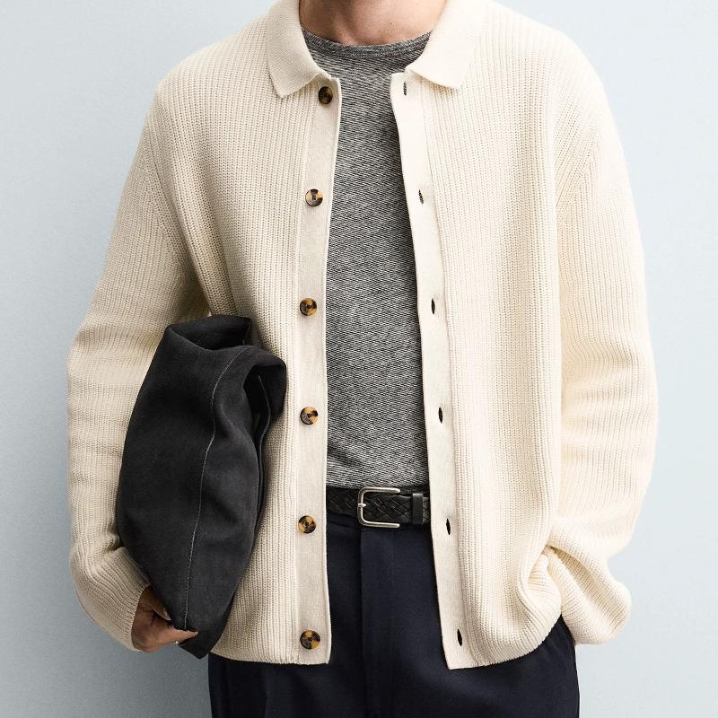 Designer Men's Cotton Knit Cardigan Sweater Slim Fit Button Down Lapel Collar Long Sleeve Solid Casual Fall Spring Tops