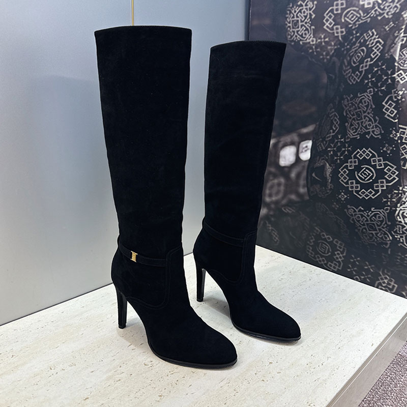 Womens Grained Leather Diane Boots Top Tier Version Ladies Stiletto Heel Almond Toe Thigh High Boots Designer Metal Buckle Runway boots Leather Outs