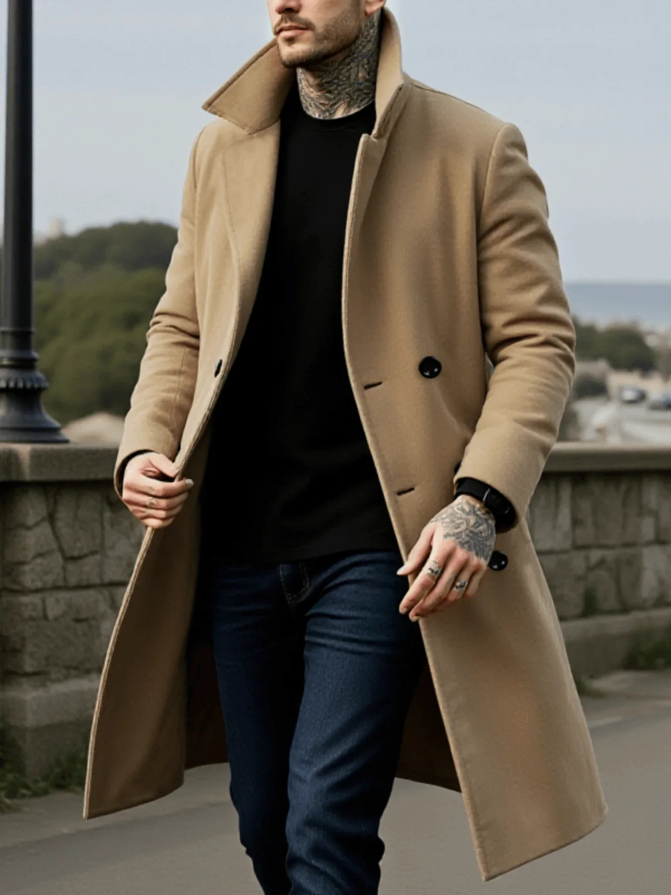 Men's Winter Mid-Length Coat Woolen Warm Coats Lining Double Breasted Lapel Jacket Street Wear Men's Clothing Outerwears 261008