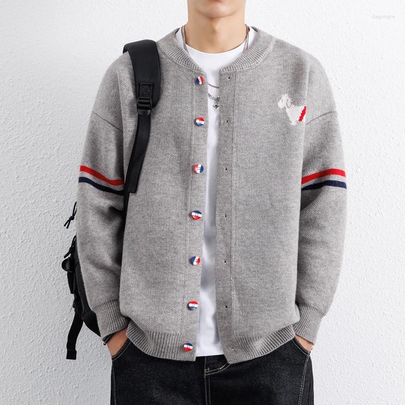 Fashion Men's Round Neck Knitted Cardigan Cute Dog Print Design Luxury Brand Classic Stripes Casual Autumn Winter Sweater