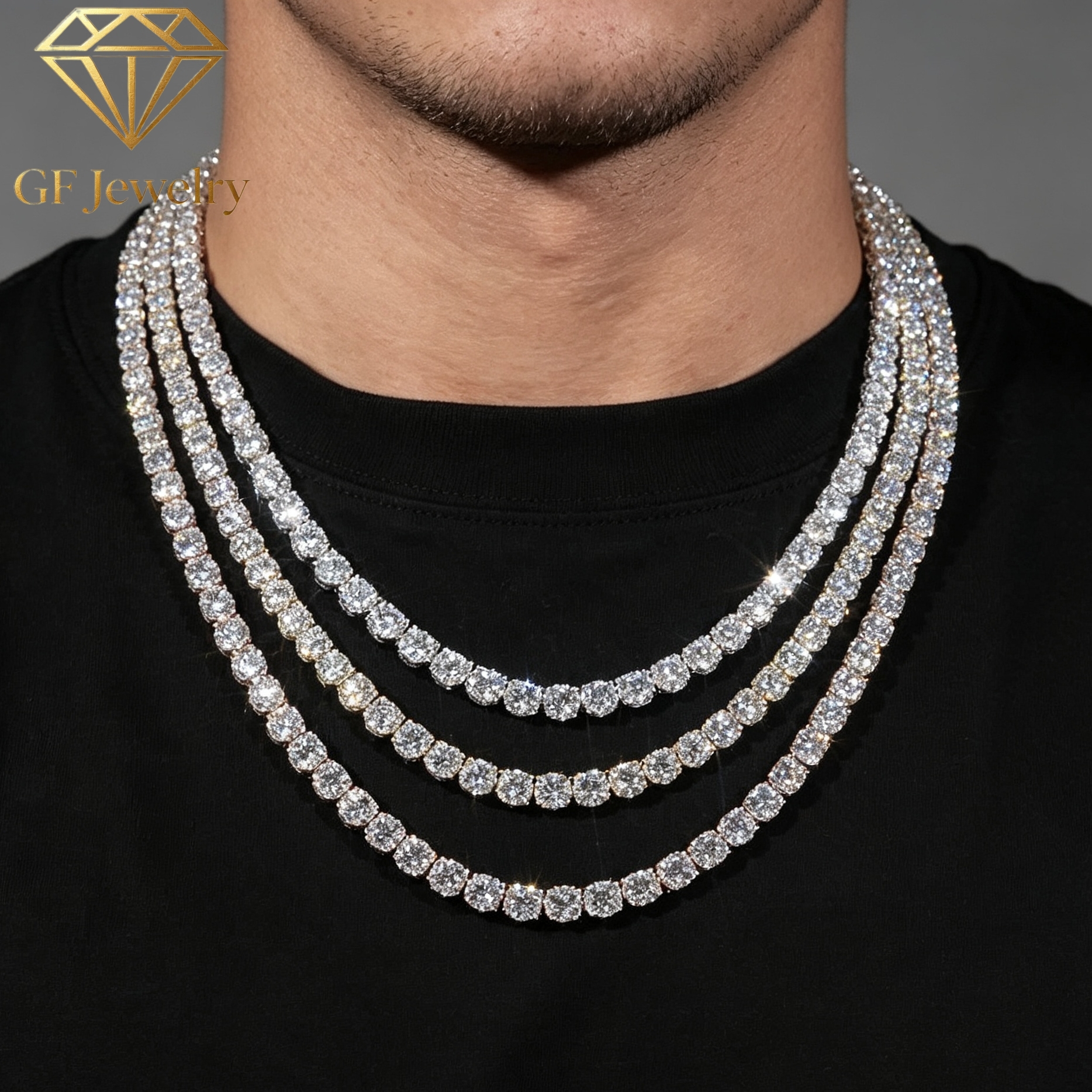 Hip Hop Lab Grown Diamonds Tennis Chain White Gold Necklace Men Fine Jewelry Full Diamond Unisex Necklace Bulk Supply