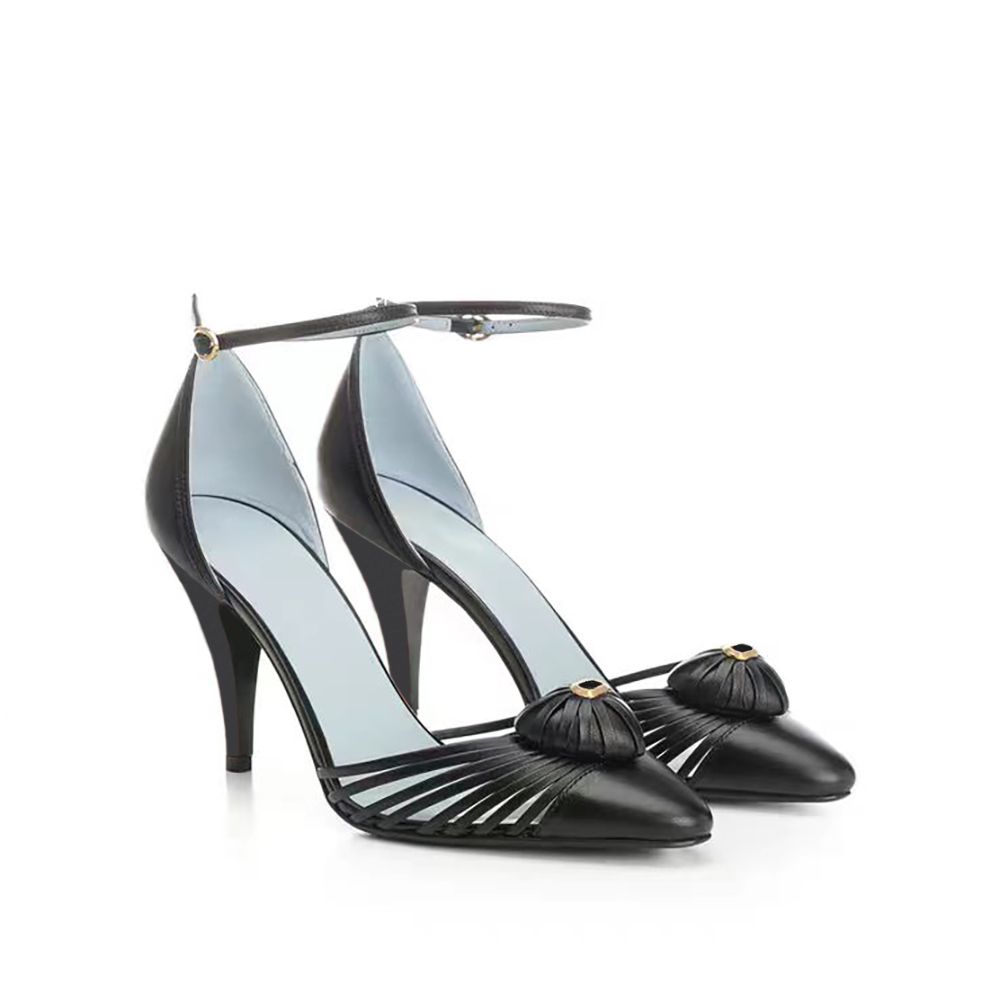 Élégant talon aiguille pour femmes, sandales à bout pointu, escarpins de luxe, bride à la cheville en cuir de vache avec décoration en forme de c