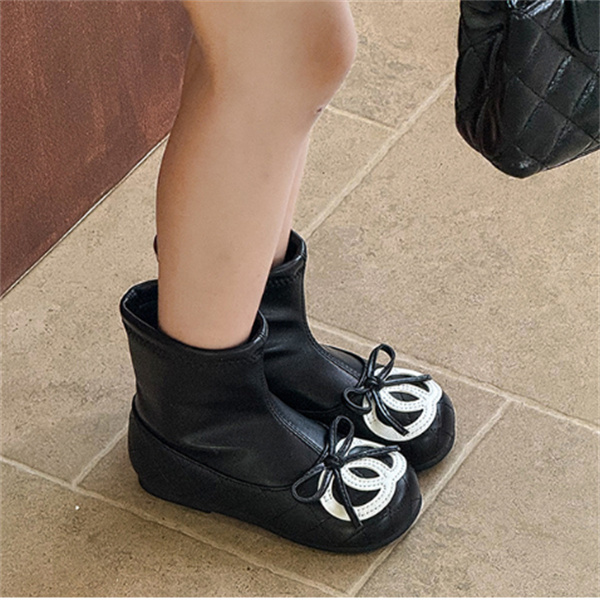 Black BowKnot Girls Ankle Boot New Style Kids Long Boots Fashion Pu Leather Side Zipper Girls Booties Autumn Winter Children's Shoes