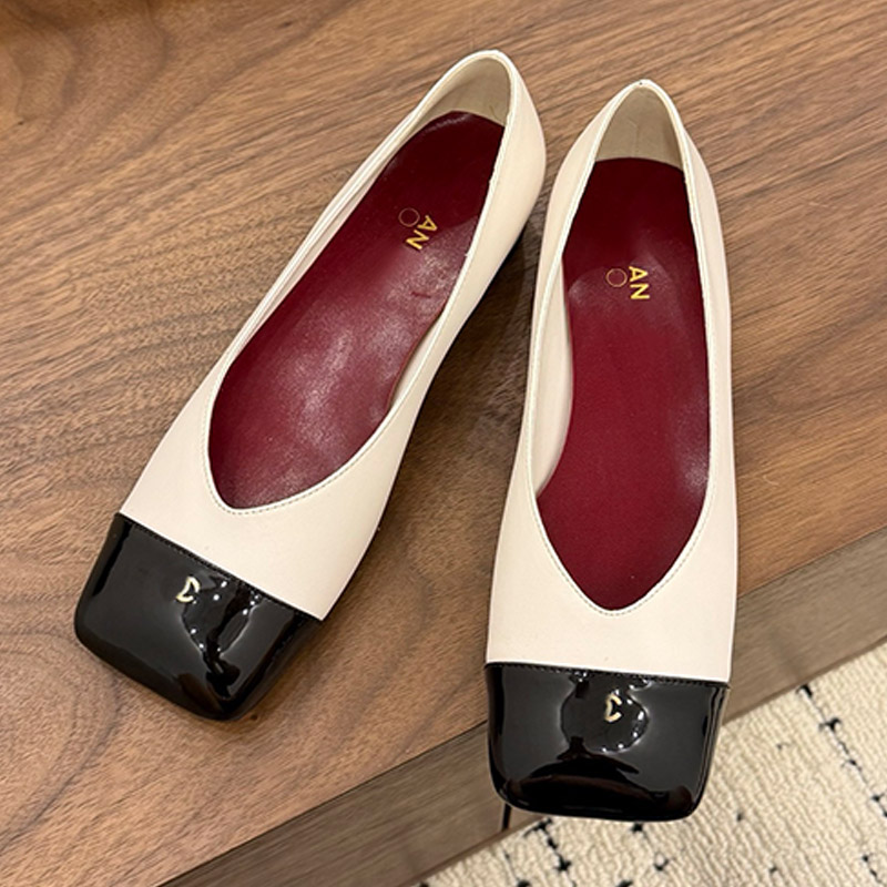 Splicing Womens Ballet Shoes Fashion Color Matching Classic Metal Decoration Embellished Square Toe Elegant Ladies Shopping Leather Shoes