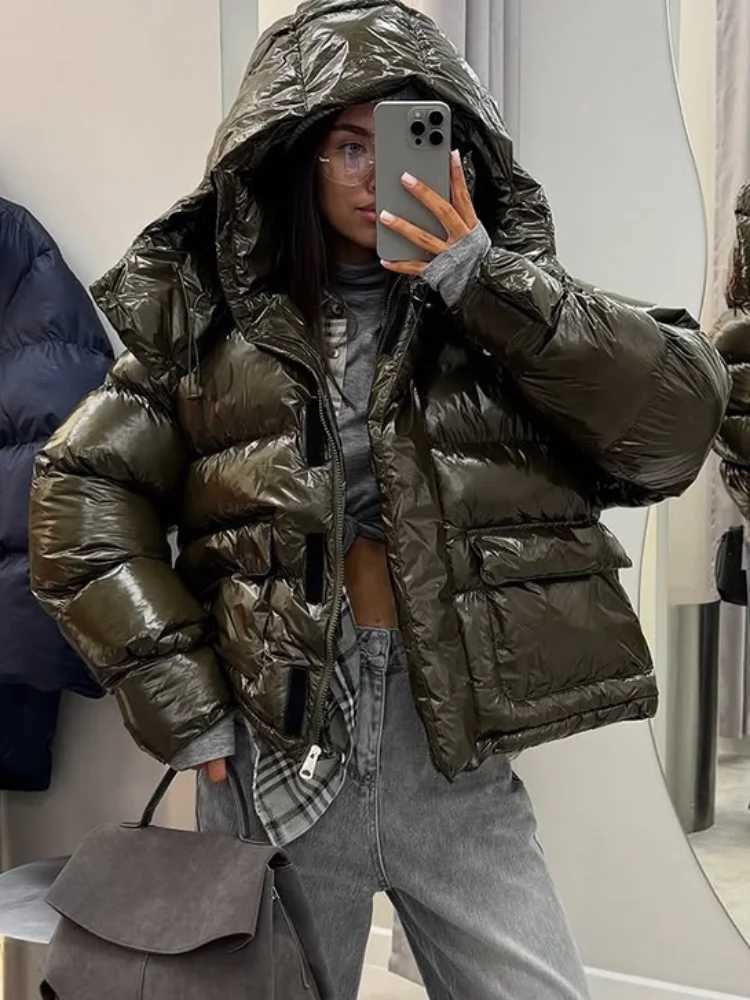 Women Women's Down Parkas Glossy Brown Hooded Puffer Jacket Short Cropped Zip Up Drawstring Hem Long Sleeve Warm Padded Coat Winter Street Outw