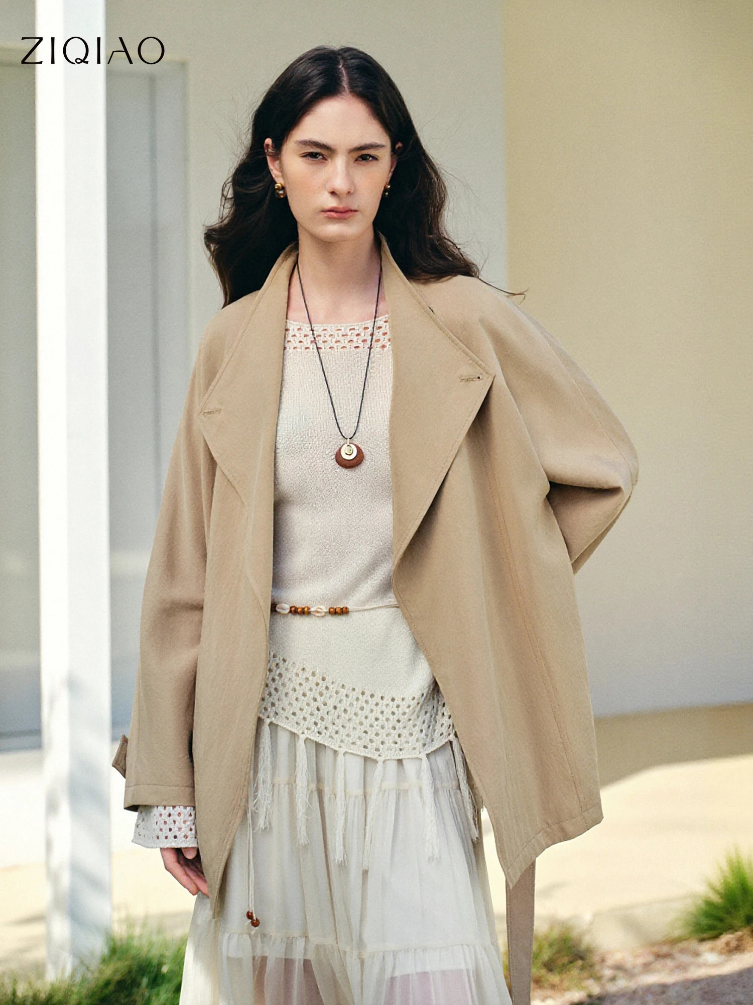 ZIQIAO Elegant n Women's Trench Coat for Petite Women with ShouldertoSleeve Overlap Collar 2026 Spring Arrival 260929