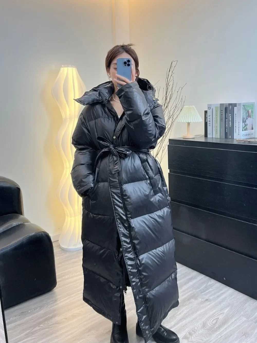 Women's Women's Down Parkas Down Jacket Women Casual Thick Long Duck Down Puffer Coat Hooded Female Waterproof Parkas with Sashes Outwear