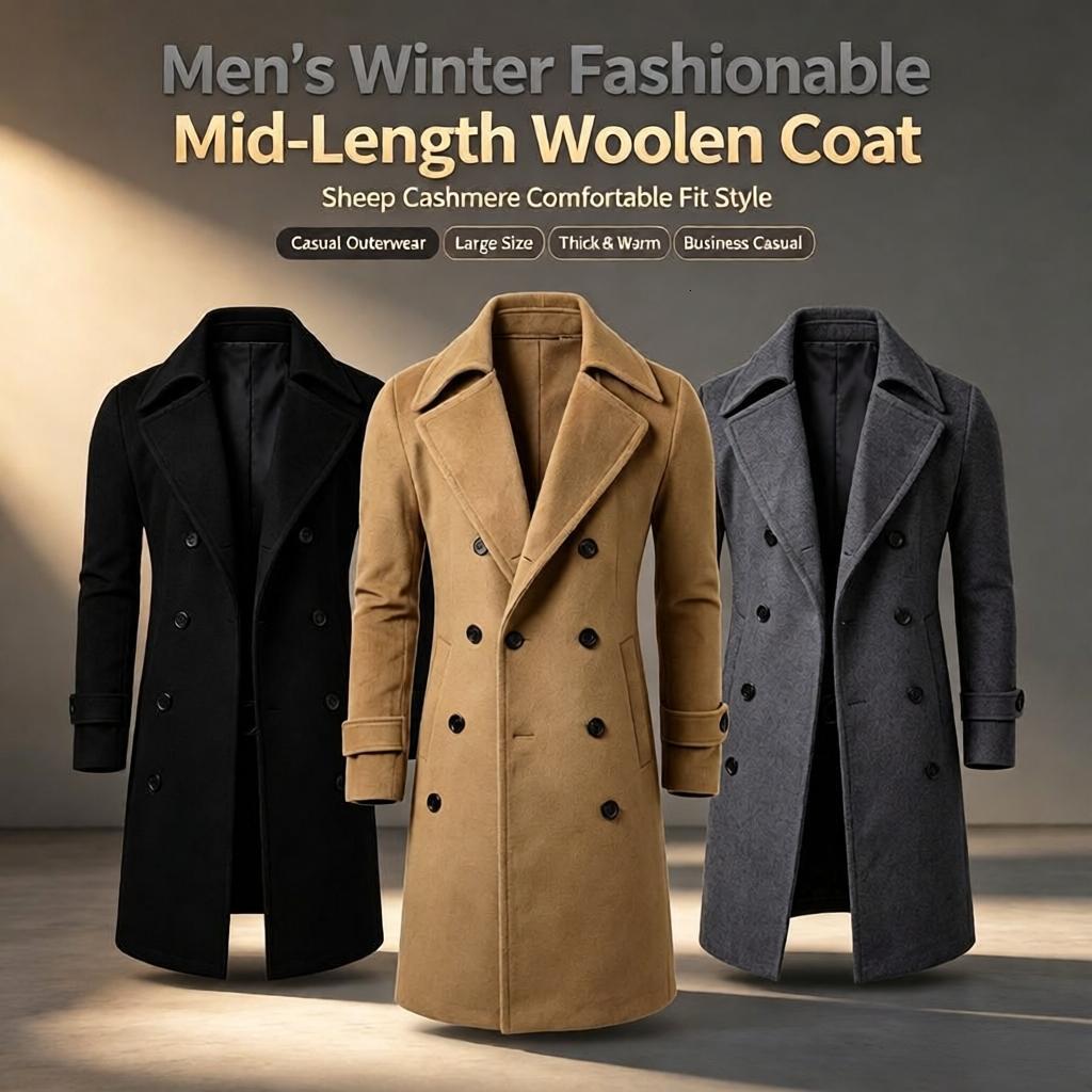Men's Winter Fashionable Mid-Length Woolen Casual Large Size Coat Sheep Cashmere Coat Comfortable Fit Style Casual Outerwear