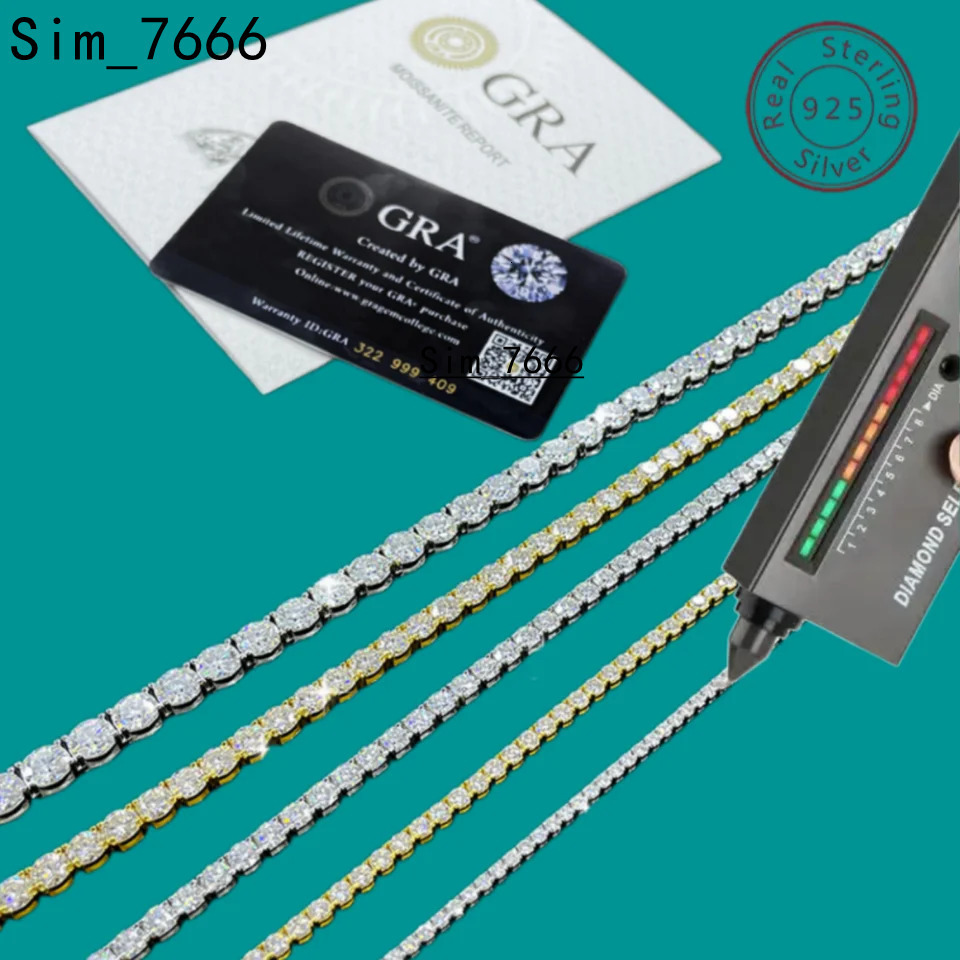 4mm D VVS1 Moissanite Tennis Bracelet Original s925 Sterling Silver Plated 18k White Gold with GRA Necklace for Women Man