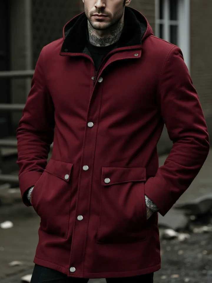 Hooded Fleece Wool Coat Jacket Thickened Tweed Overcoat for Autumn/Winter Casual Windproof Warm Mid-Length Men's Wear X261008
