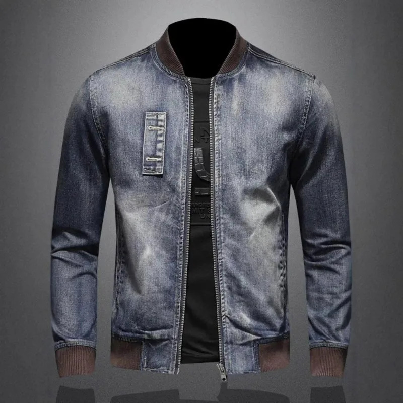 Man Denim Coat Spring Autumn Vintage Contrast Color Stand Collar Male Jacket Punk Long Sleeve Slim Versatile Men Outerwear 260929