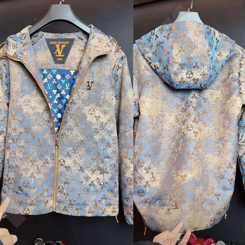 Hommes Vintage bleu monogramme imprimé veste à capuche pour hommes femmes fermeture éclair complète cordon coupe-vent doublure réversible luxe St