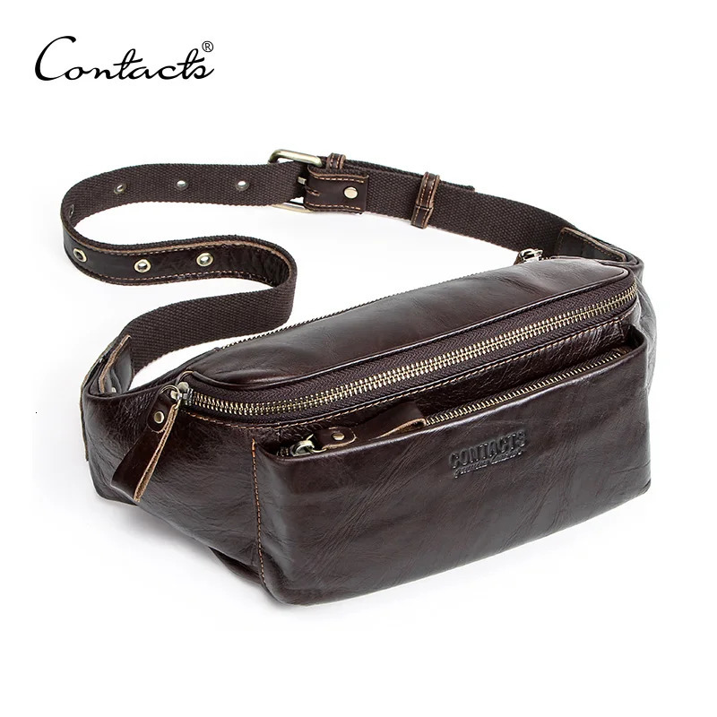 CONTACTS Genuine Leather men waist bag for iPhone vintage Travel Fanny Pack with card holder male Belt Bag zipper bum 2010 261009