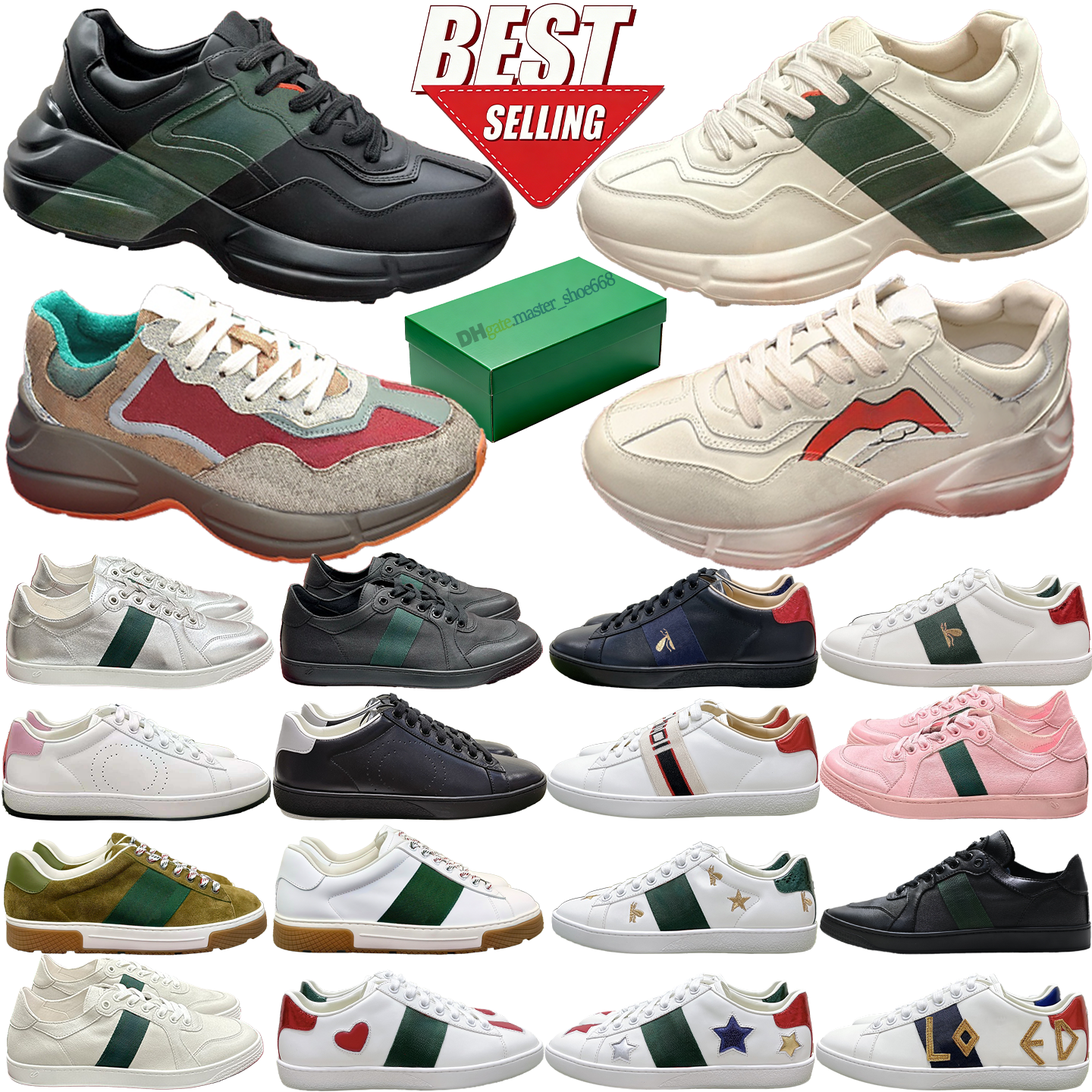web rhyton sneakers 10A high quality luxury designer shoe men women retro classic monogram dad shoes canvas suede pattern embroidery latex casual sh