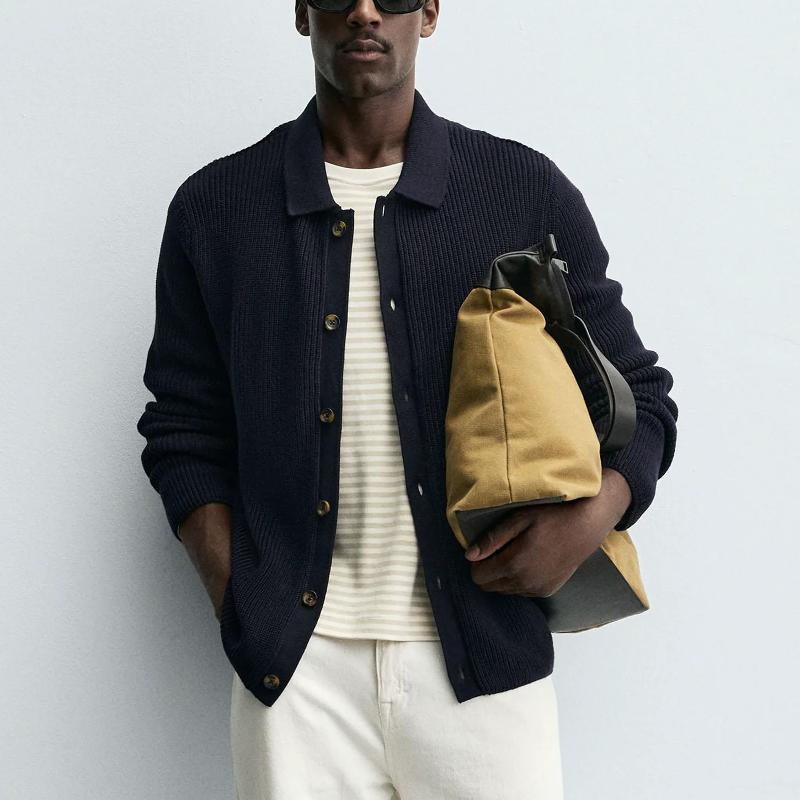 Cardigan en tricot de coton pour hommes, pull Slim Fit boutonné, col à revers, manches longues, couleur unie, printemps automne