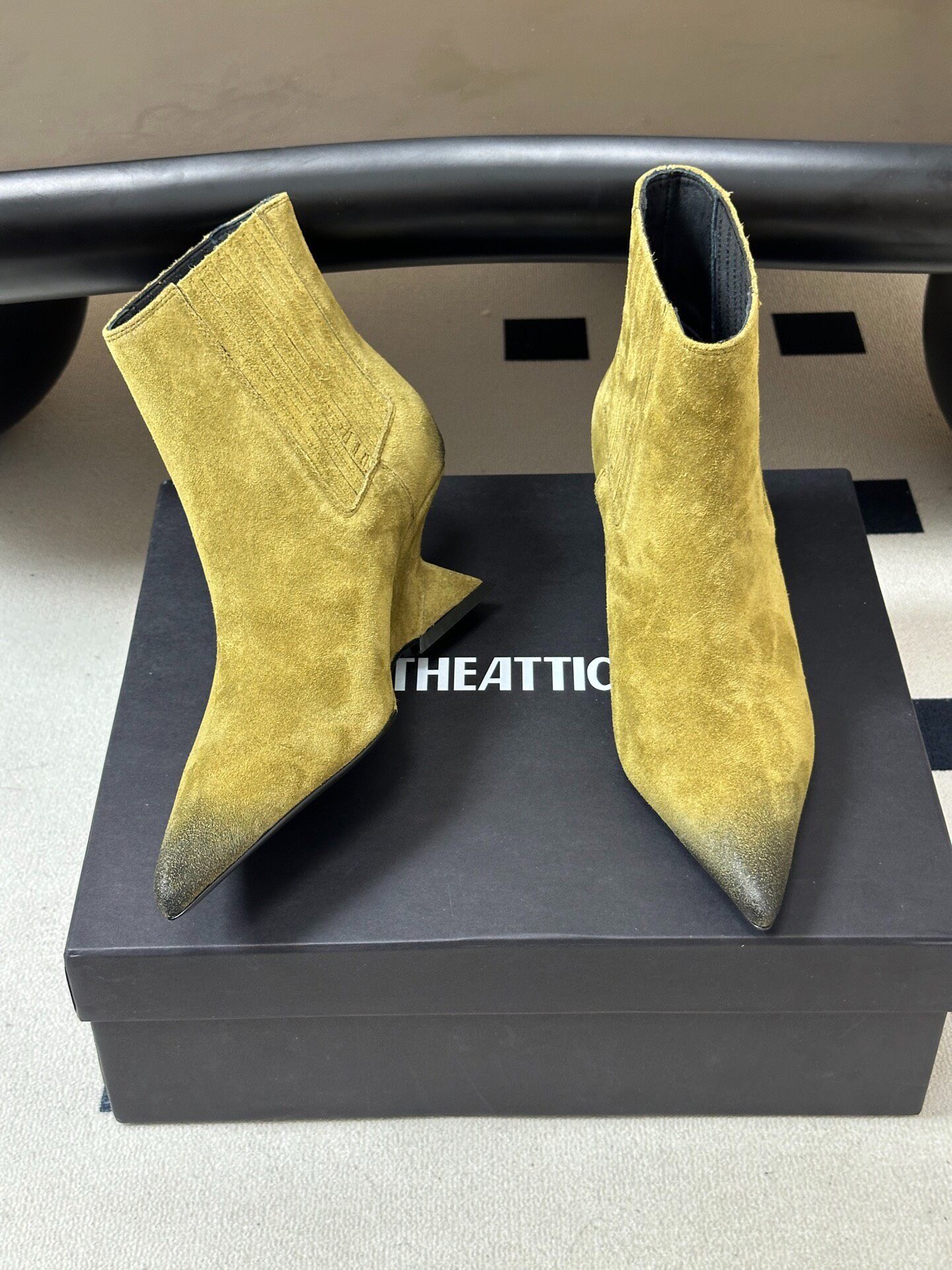 booties designer woman wedge point toe matte leather ankle chelsea luxury comfortable yellow green black work city vintage modern grey retro fashion