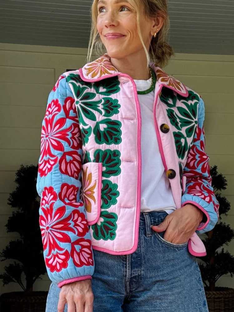 Down Parkas 2025 Women's Winter Women's Flower Print Parkas Lapel Single-breasted Long Sleeve Pocket Quilted Coat Female Vintege Lady New