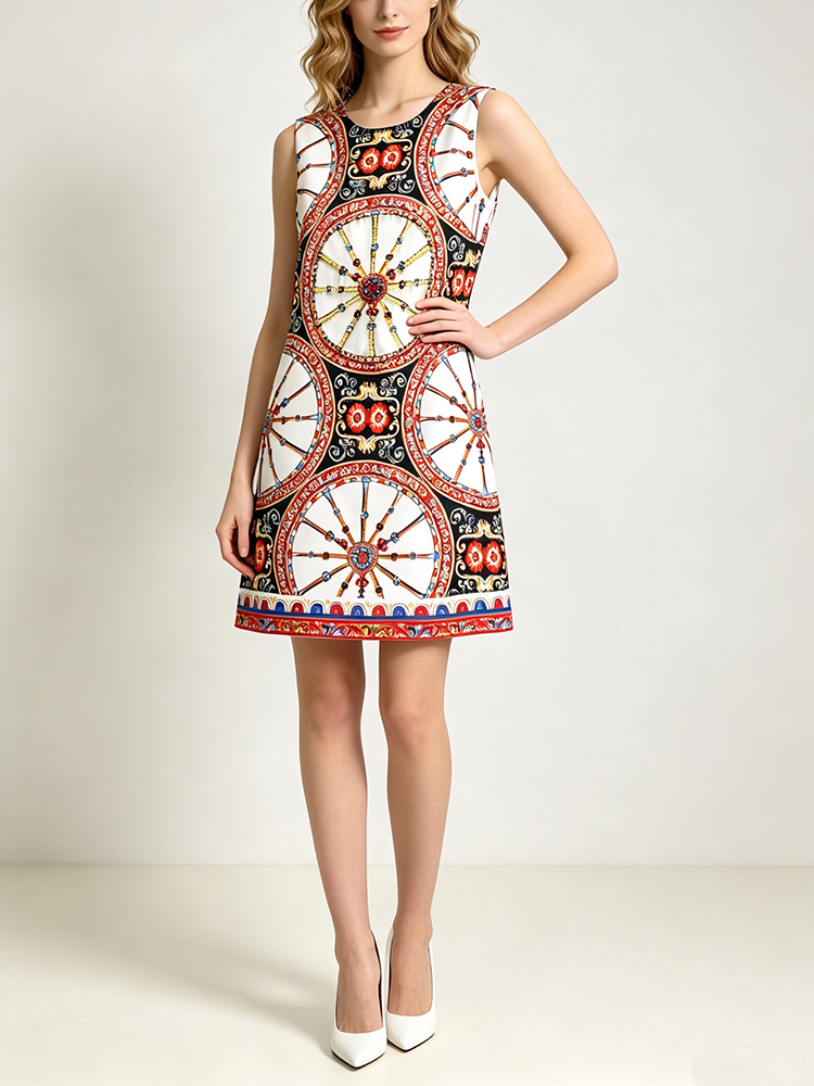 Robe d'été imprimée classique pour femmes, col rond, sans manches, princesse, fête, vacances, Mini robes avec strass et perles