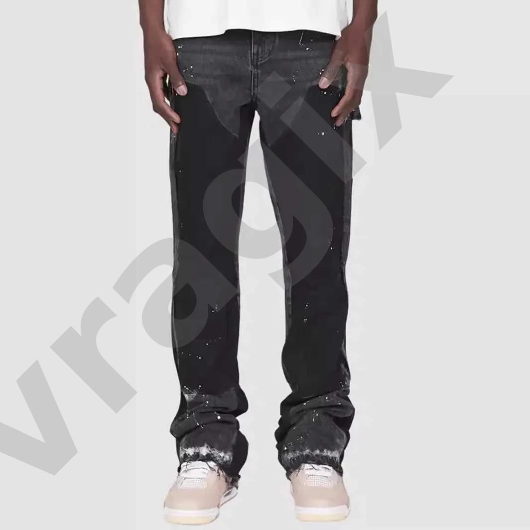Men Patchwork Stacked Flare Jeans Vintage Black Distressed Denim Pants Splash Ink Paint Splatter Raw Hem Carpenter Cargo Trousers Y2K High Street Wi