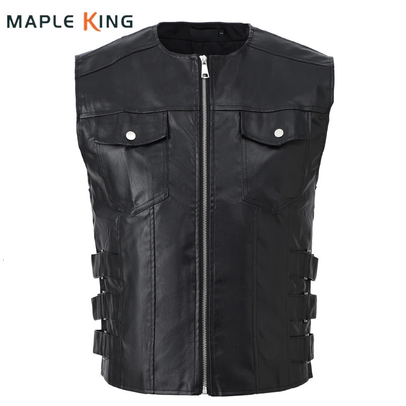 Motorcycle Vest Leather Waistcoat for Men Sleeveless Jacket Vintage Multiple Pockets Zipper Victorian Gothic Steampunk Men Vests 261008