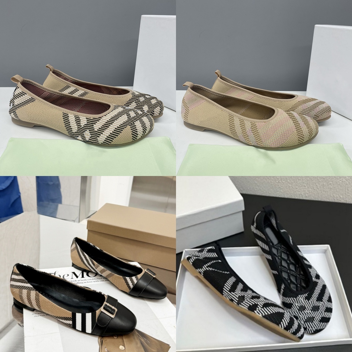 Designer Femme Ballet Plaid À Carreaux Tricot Appartements Femmes Ballerine Bout Rond Haute Qualité Robe Classique Chaussures Mocassins Tissés De