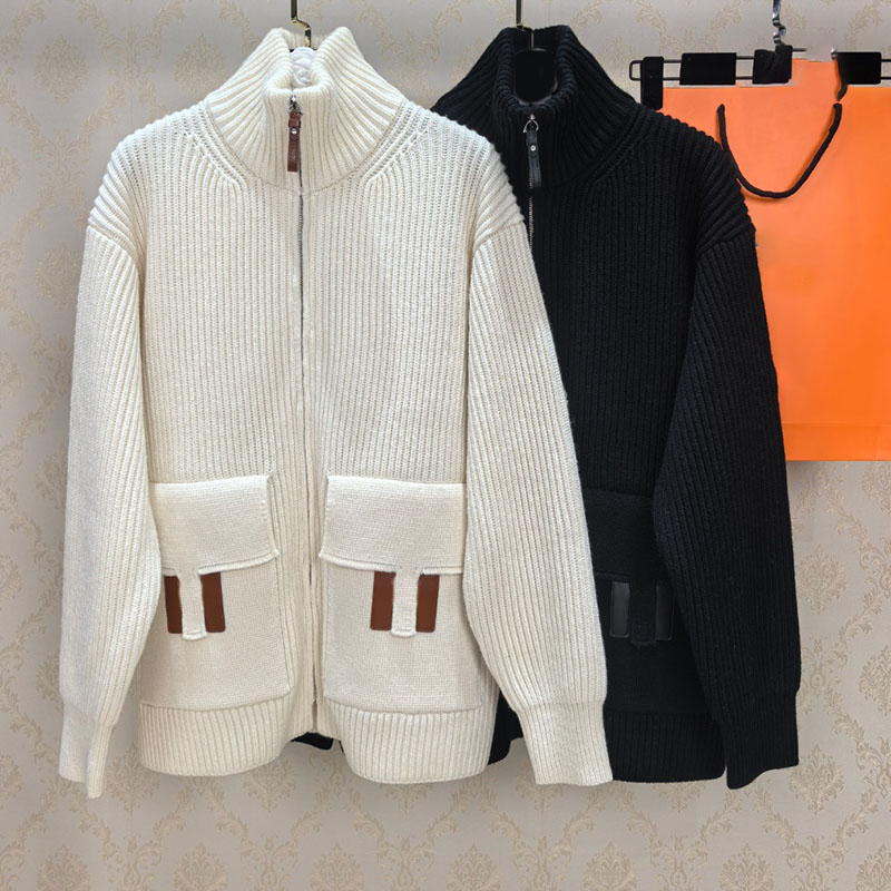 Classique Cuir Patchwork Laine Pull Cardigan Designer Femmes Manches Longues Fermeture Éclair Cardigans Élégant Style De Rue Casual Chandails Quo