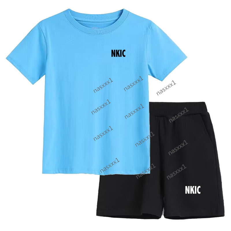 Ensembles de vêtements d'été pour adolescents garçons 100% coton bleu ciel T-shirts Shorts 2 pièces grands enfants costumes décontractés à manche