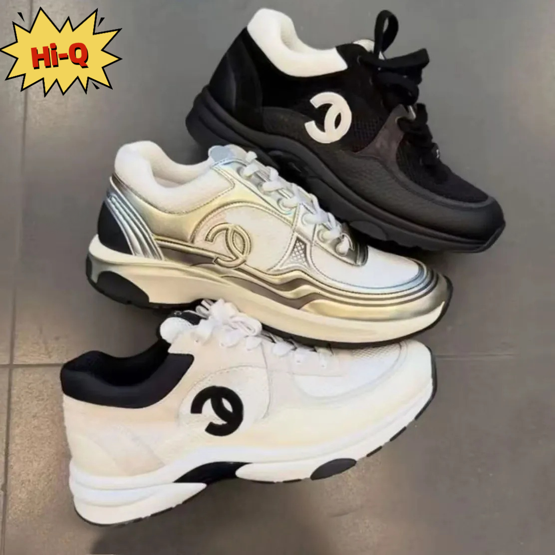 Designer CC Women Sneakers Trainer Casual cc Metallic Chunky Golden Silver Black White Luxury Style Mesh Suede Platform Running Shoes AA