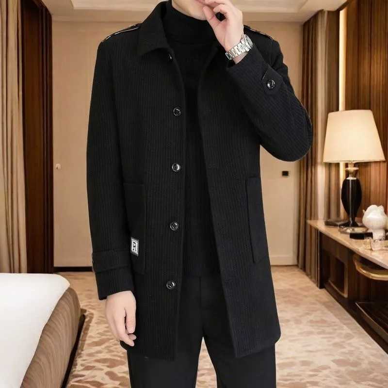Men's Lapel Mid-length Autumn and Winter Windbreaker Casual Versatile Solid Color Woolen Long-sleeved Jacket X261008