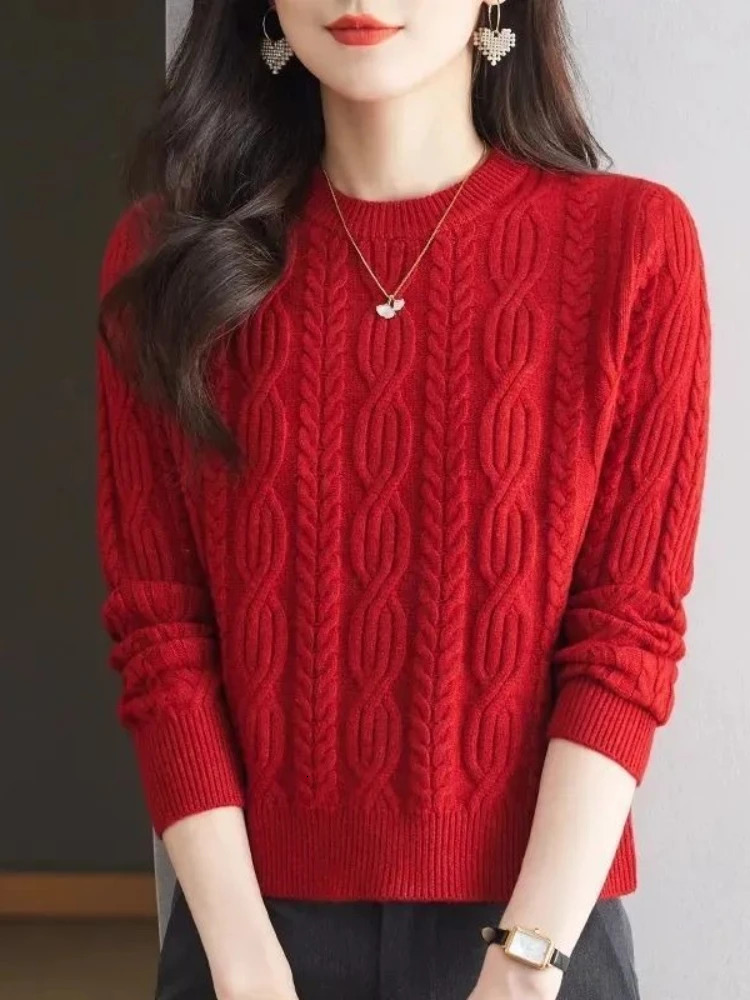 Casual Knitted Long Sleeve Women's Sweater Cashmere Women's O-neck Pullover Autumn and Winter Loose Solid Color Tops 261008
