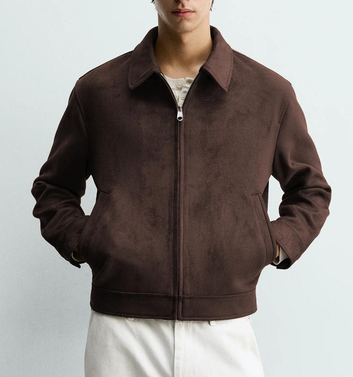 Men's Faux Suede Jacket Casual Lapel Collar Zip Up Lightweight Spring Autumn Outerwear With Pockets Solid Color