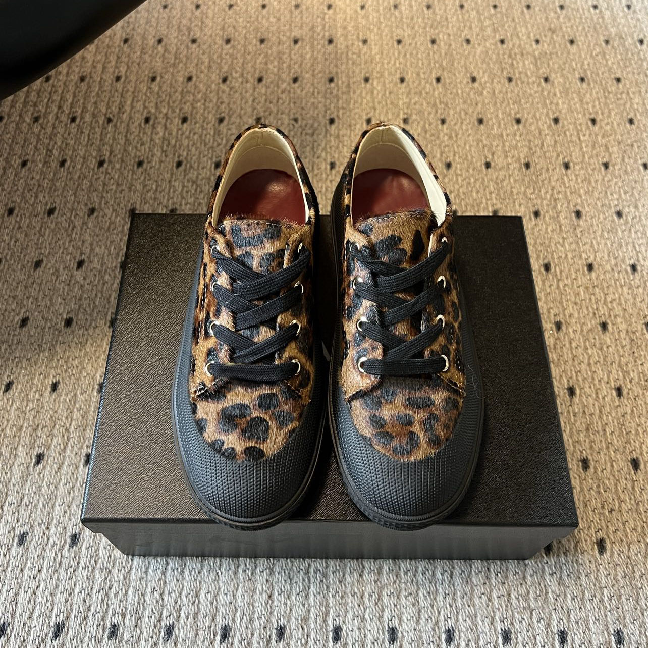 Women Leopard Print Horsehair Platform Sneakers Lace Up Round Toe Sheepskin Lining Rubber Outsole Retro Cool Street Casual Daily Fashion Footwear
