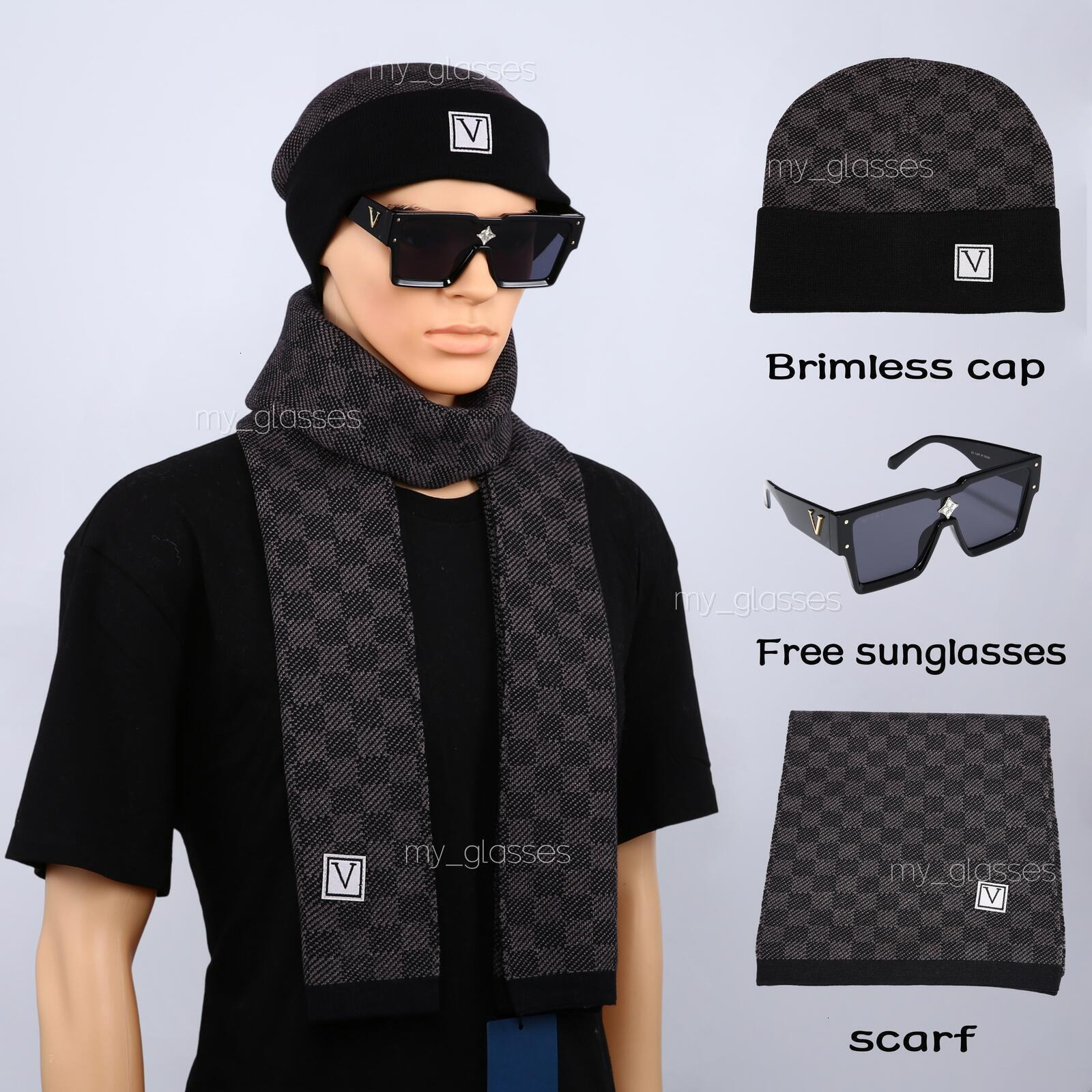 Autumn Winter Three-Piece Set with Cuffed Knit Beanie Long Scarf Check Pattern Letter Details Casual Fashion Accessories Gift Idea With Free Sunglas