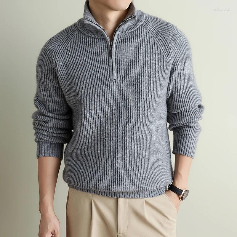 Luxury Trend Knitted Sweater Half Zipper Stand Collar Pullover Solid Color Autumn Winter Soft Comfort Casual Men's Clothing