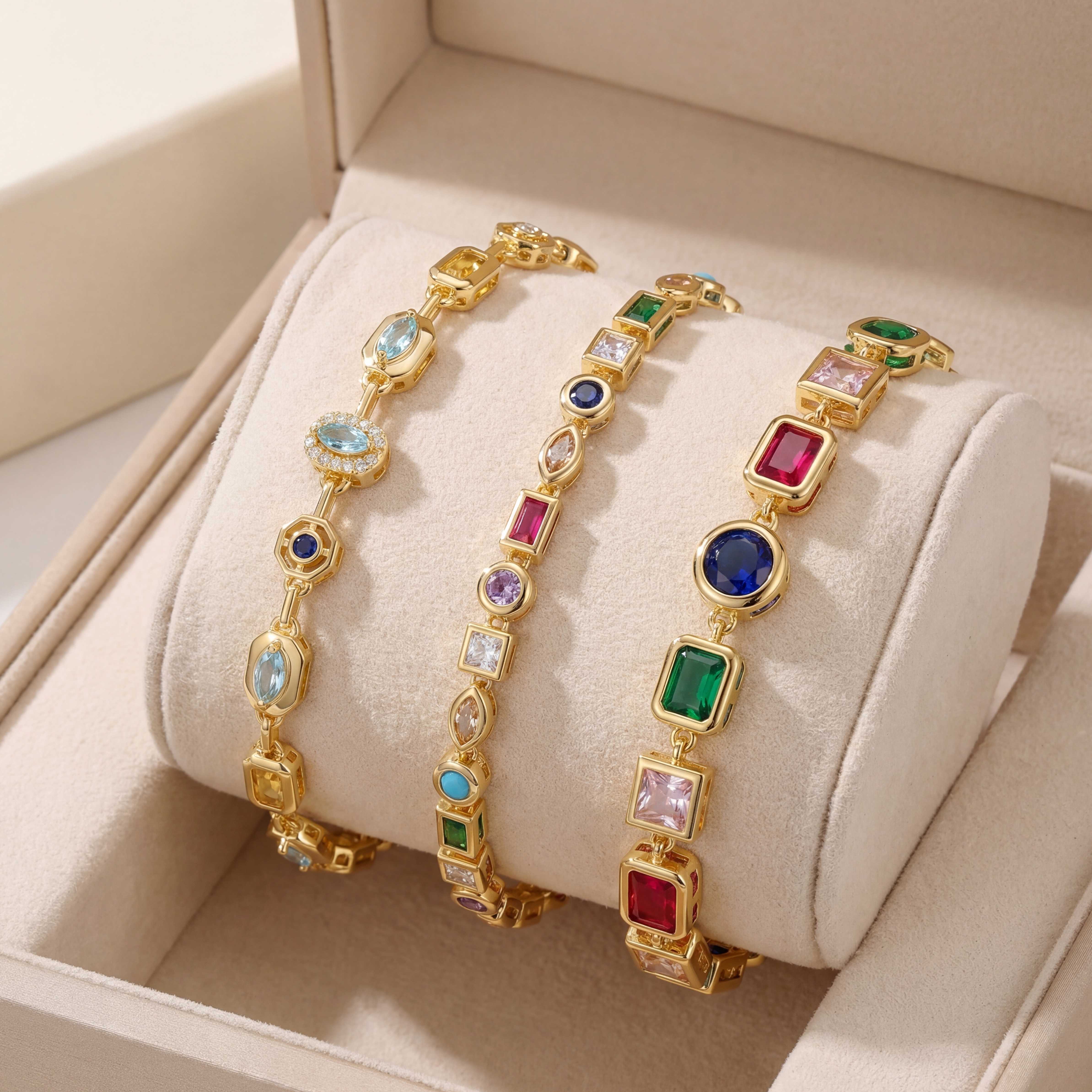 Luxury Gold Plated Geometric Gemstone Colorful Moissanite Chain Bracelet For Women fashion Jewelry Gift