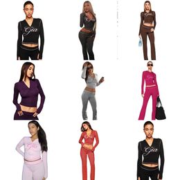 I am gia pants tracksuit piece set designer sports suit for women flared zipup long sleeve high quality spring top low waist micro social outfits fo