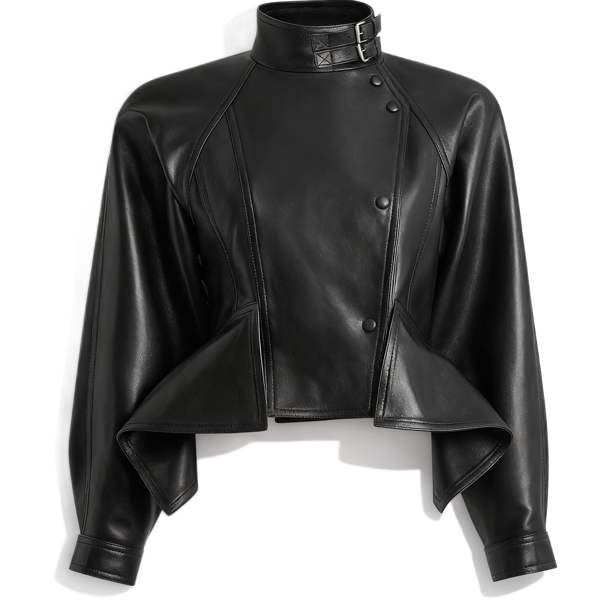 Women Jacket Leather High Collar Button Front Peplum Hem Long Sleeve Crop Top Black Winter Fashion Streetwear